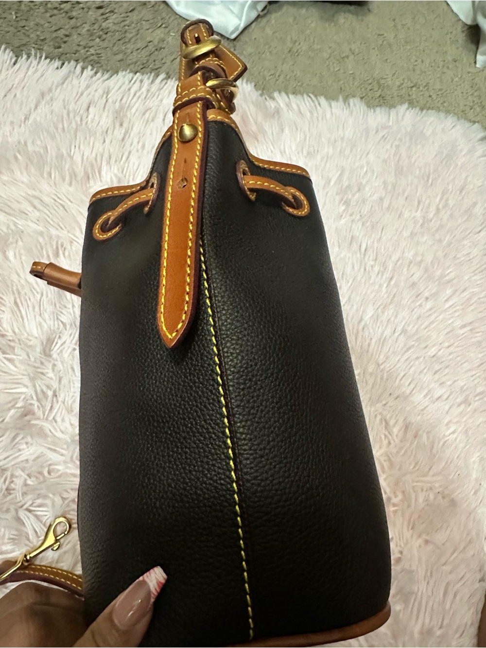 Dooney & Bourke Black Pebbled Leather Bucket Crossbody with Brown Trim - Picture 2 of 16